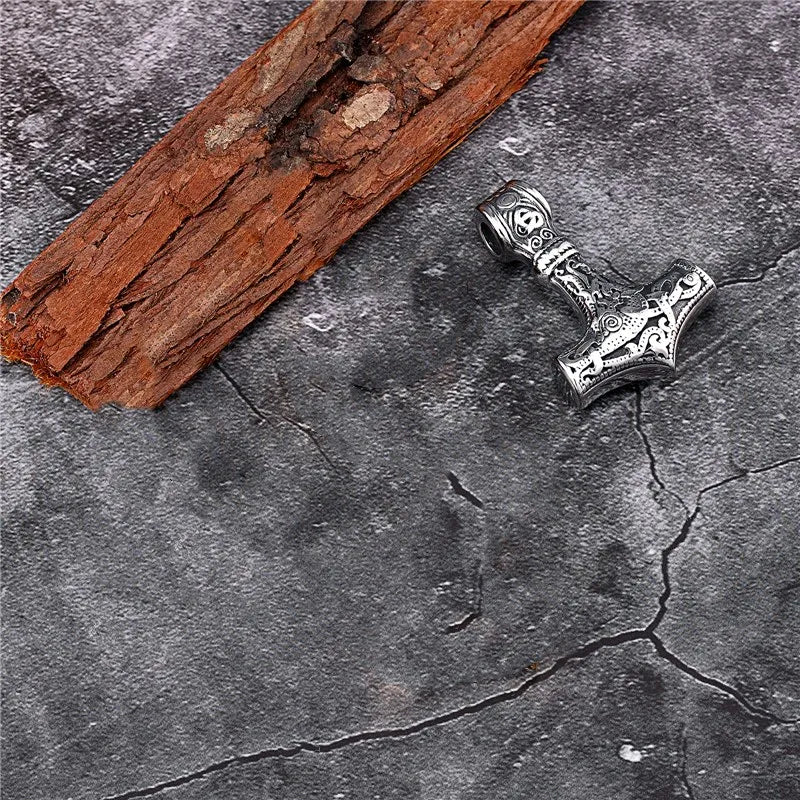 MKENDN Stainless Steel Norse Vikings Thor's Hammer Mjolnir Scandinavian Rune Amulet Pendant Necklace with Chain As Men Punk Gift
