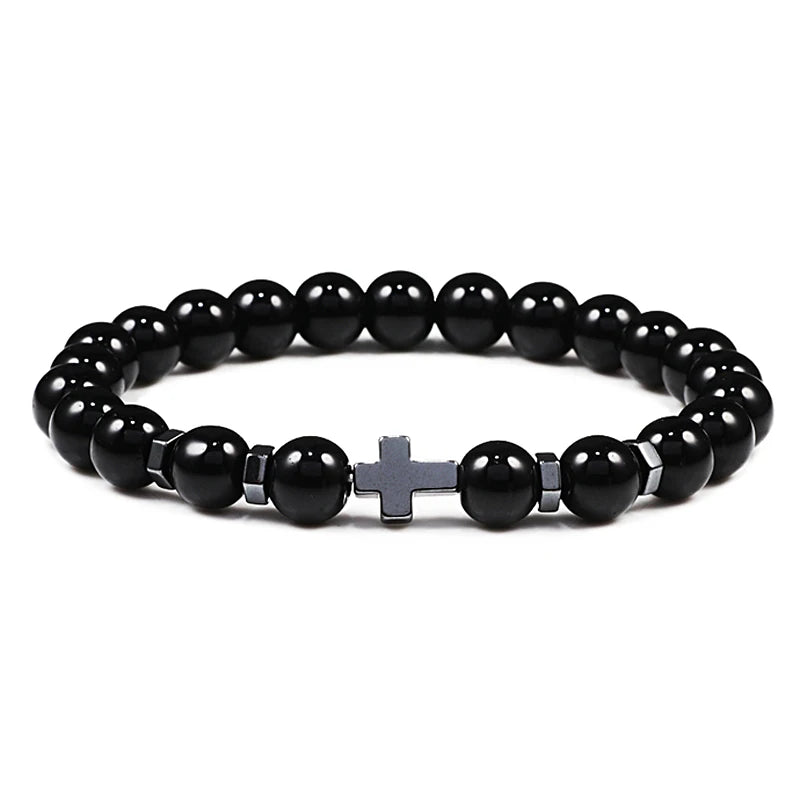 Prayer Men Natural Stone Wood Beads Rosary Hematite Cross Bracelets Onyx Meditation Bracelet Women Yoga Jewelry Homme Pulsera