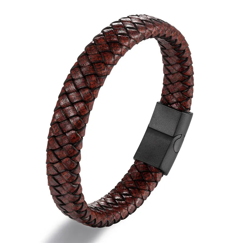 MKENDN Punk Style Leather Bracelet for Men Black Braided Woven Bangle with Magnetic Clasp Stainless Steel Jewelry Gift for Him