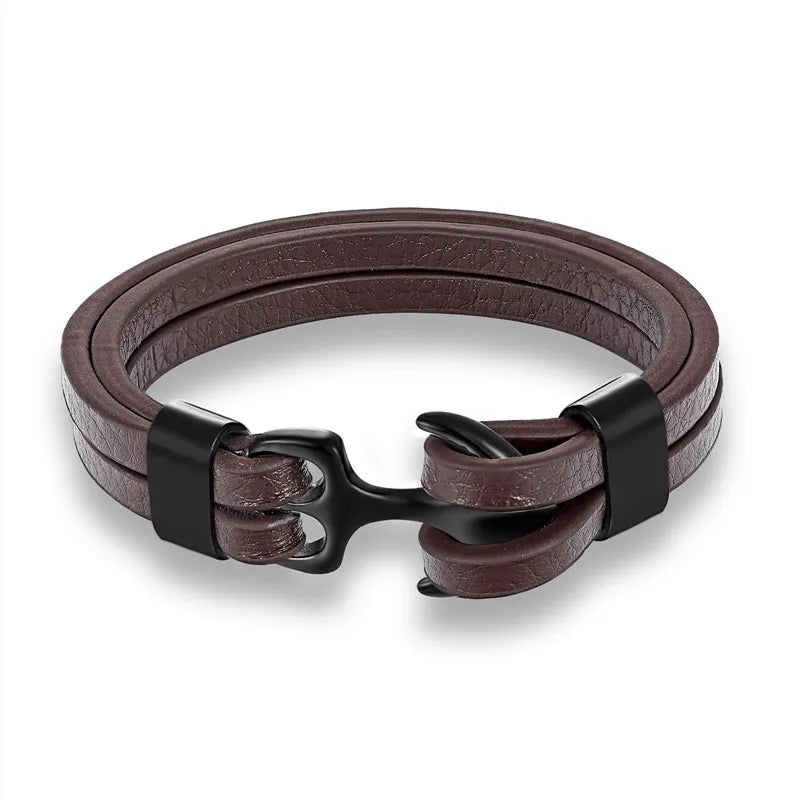 YIZIZAI Genuine Leather Anchor Bracelet Men Lion Double Wolf Shackles Stainless Steel Charm Bracelets Wristband Fashion Jewelry - Madeinsea©