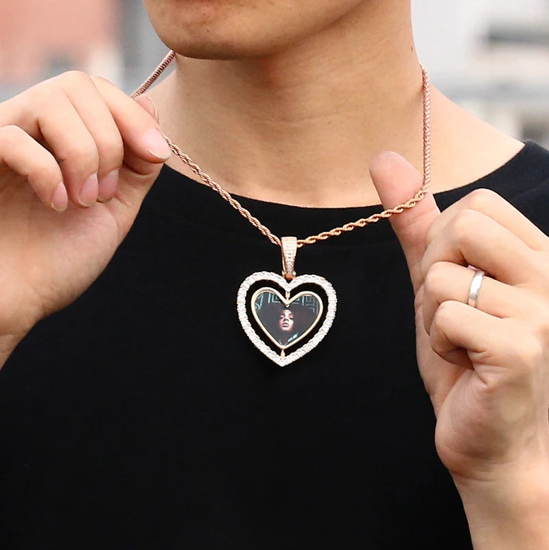 Custom Photo Pendant Necklace Heart Medallions Cubic Zirconia Rotating Double-Sided Custom Photo Gift For Mens Hip Hop Jewelry