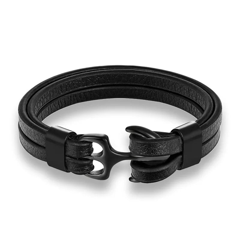 YIZIZAI Genuine Leather Anchor Bracelet Men Lion Double Wolf Shackles Stainless Steel Charm Bracelets Wristband Fashion Jewelry - Madeinsea©