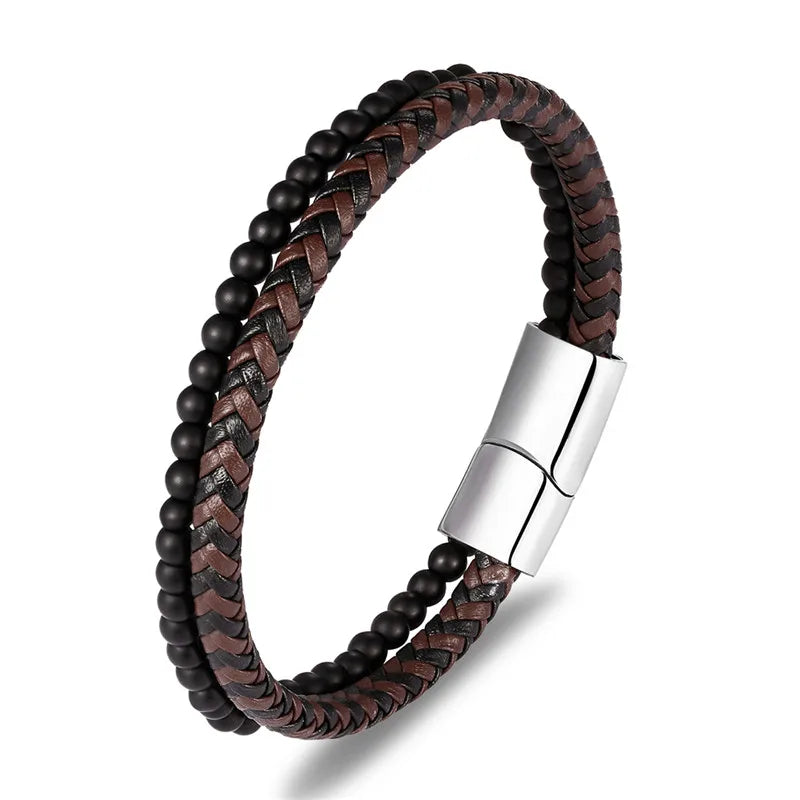 MKENDN Multicolor Natural Stone Classic Stainless Steel Men's Leather Bracelet 19/21/23 cm Choose Handsome Men's Christmas Gift