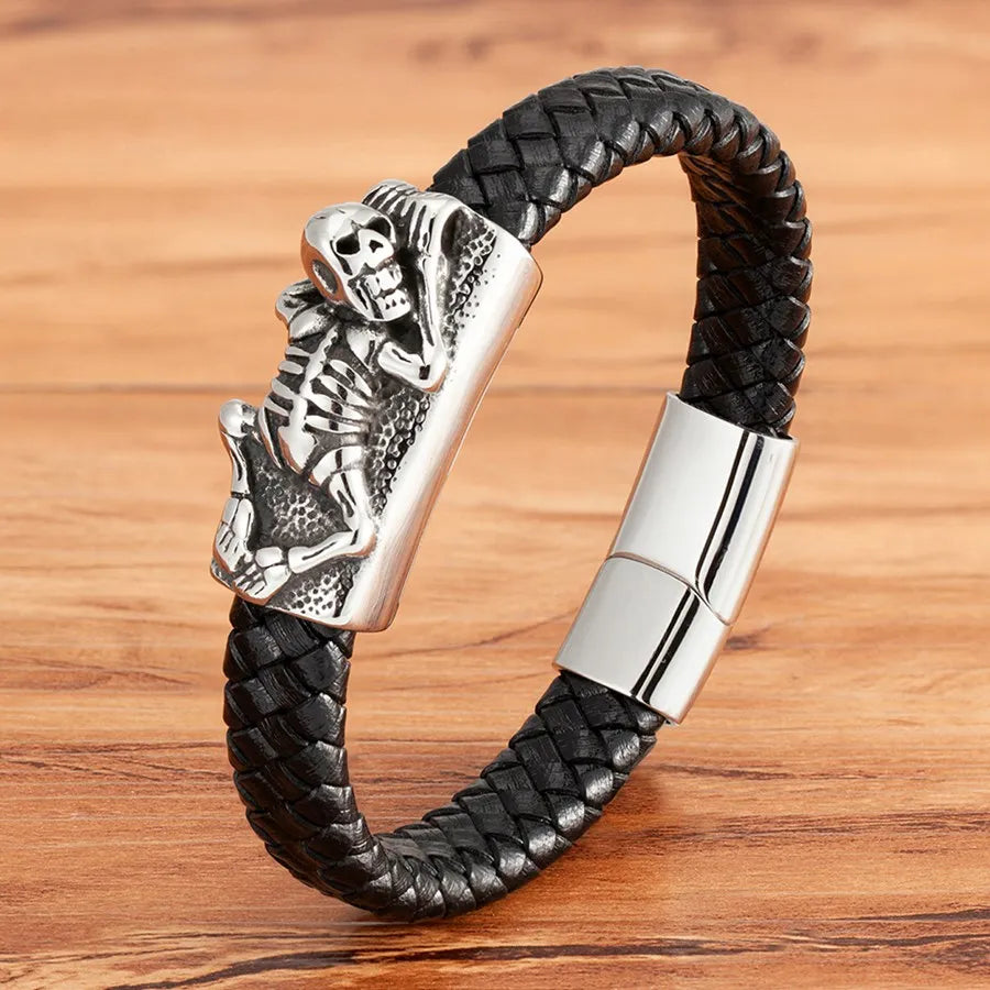 Bracelets et joncs en cuir pour hommes TYO Cool Style, motif crâne, hibou, scorpion et serpent, tressés en acier inoxydable, parfaits pour Halloween