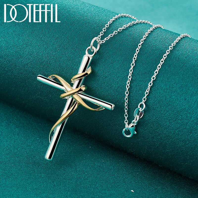 DOTEFFIL 925 Sterling Silver Gold Cross Pendant Necklace 18-30 Inch Chain For Woman Man Fashion Wedding Engagement Party Jewelry