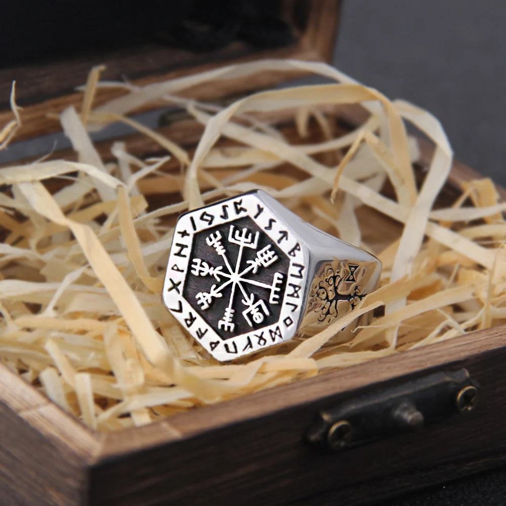 Stainless Steel Viking Compass Runic Ring