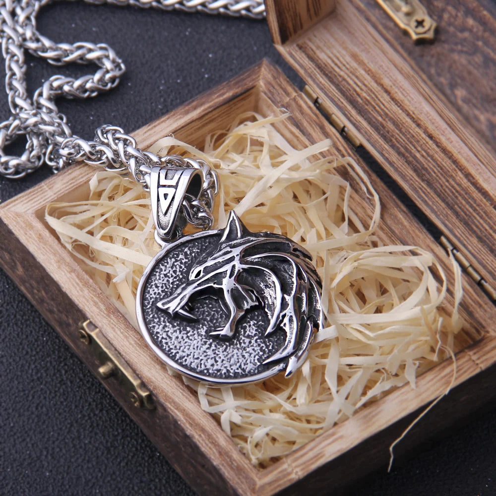 the Wizard wolf head pendant necklace for Geralt with a The Wild Hunt 3 Figure TV