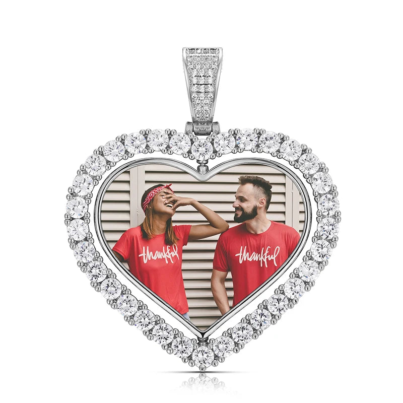 Pendentif en cuivre et zircon cubique sur mesure, médaillon souvenir, pendentif cœur photo double face, collier pour homme, bijou hip-hop