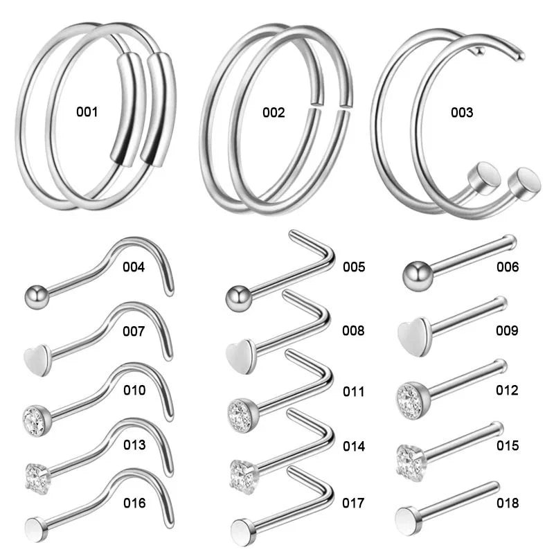 3/4/5/8/21pcs 20G Nose Studs Set Surgical Steel L-Shape Nostril Studs Screws Nose Ring Hoop Body Piercing Jewelry Mixed Styles