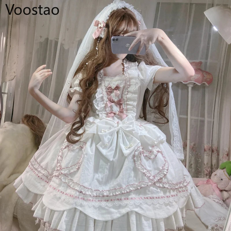Sweet Chic Lolita Princess OP Dress Women Vintage Elegant Bow Lace Ruffles Pearls Flowers Wedding Dresses Girly Cute Party Dress