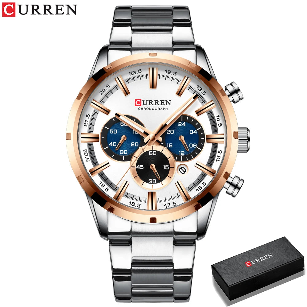 CURREN Top Brand Military Quartz Watches Silver Blue Mens Stainless Steel Chronograph Wristwatch for Male Casual Sporty Clocks