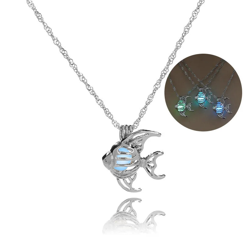 Glow in The Dark Locket necklace For Women Gun skull Heart mermaid Cross tortoise Glowing beads cage pendant Fashion Jewelry