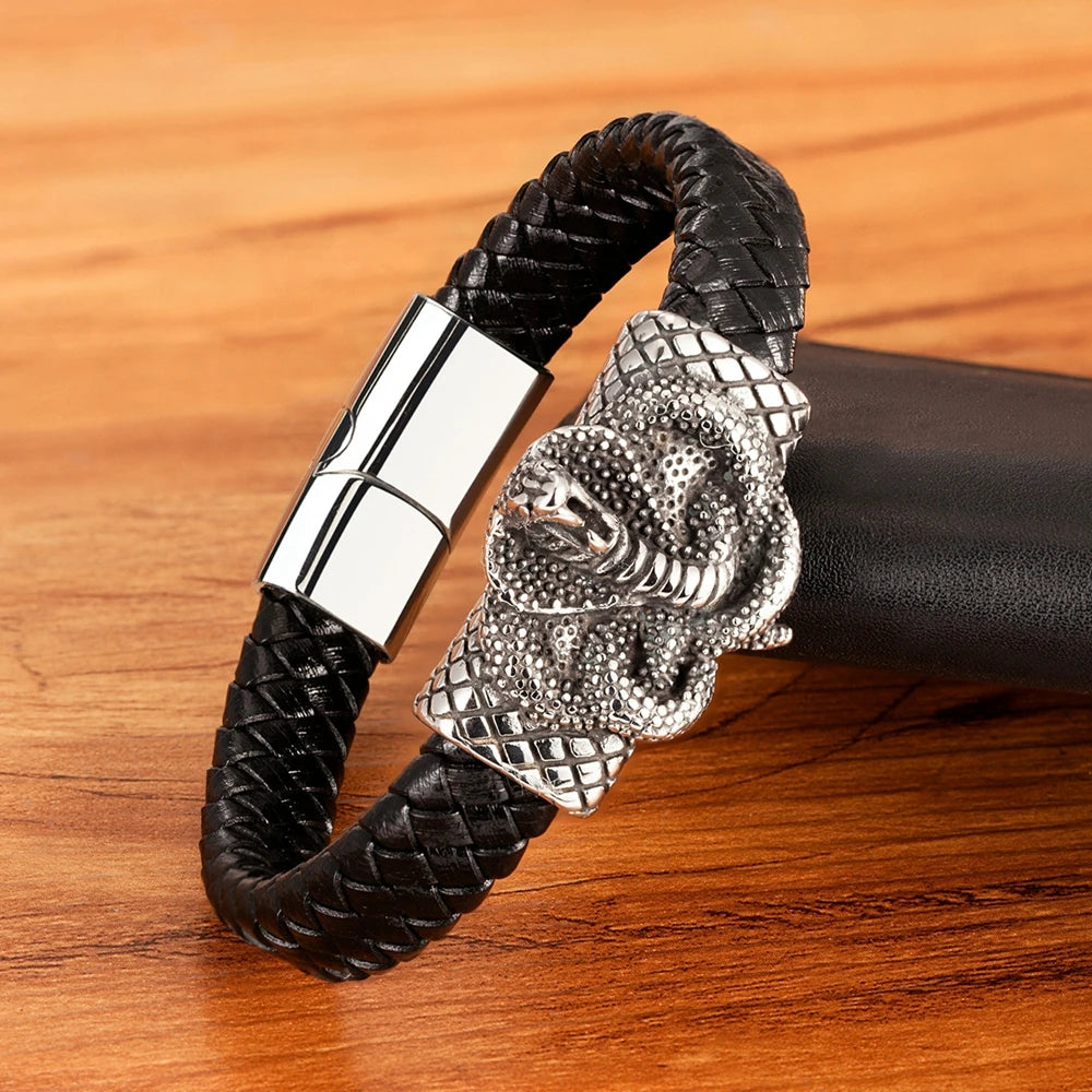 Bracelets et joncs en cuir pour hommes TYO Cool Style, motif crâne, hibou, scorpion et serpent, tressés en acier inoxydable, parfaits pour Halloween