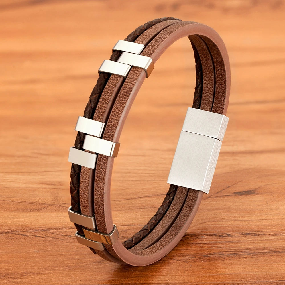 TYO Braided Rope Wrap Leather Bracelets For Men Bangles Fashion Male Women Charm Stainless Steel Clasp Jewelry DIY Customization