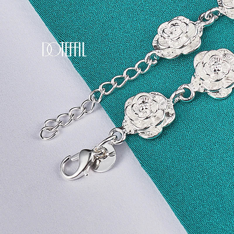 DOTEFFIL 925 Sterling Silver Full Rose Flower Chain Bracelet For Women Wedding Engagement Party Fashion Charm Jewelry - Madeinsea©