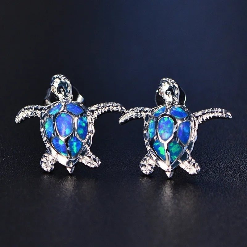 Boho Cute Sea Turtle Stud Earrings For Women Fashion Imitation Blue Fire Opal Earrings For Women Wedding Band Jewelry Gifts