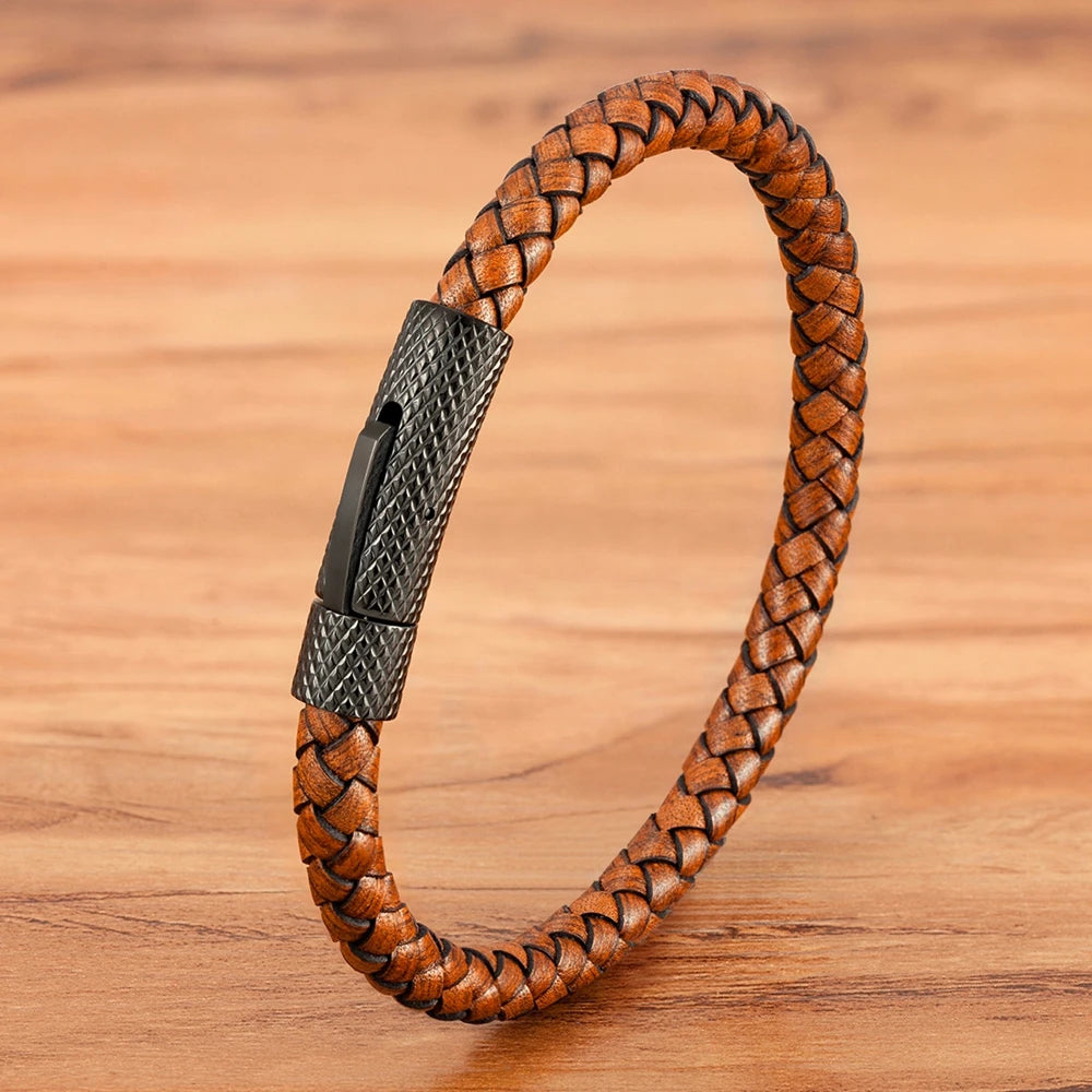 Bracelet TYO de luxe classique en acier inoxydable et cuir pour homme, tissé à la main, fermoir magnétique, noir, bijou simple, cadeau personnalisable
