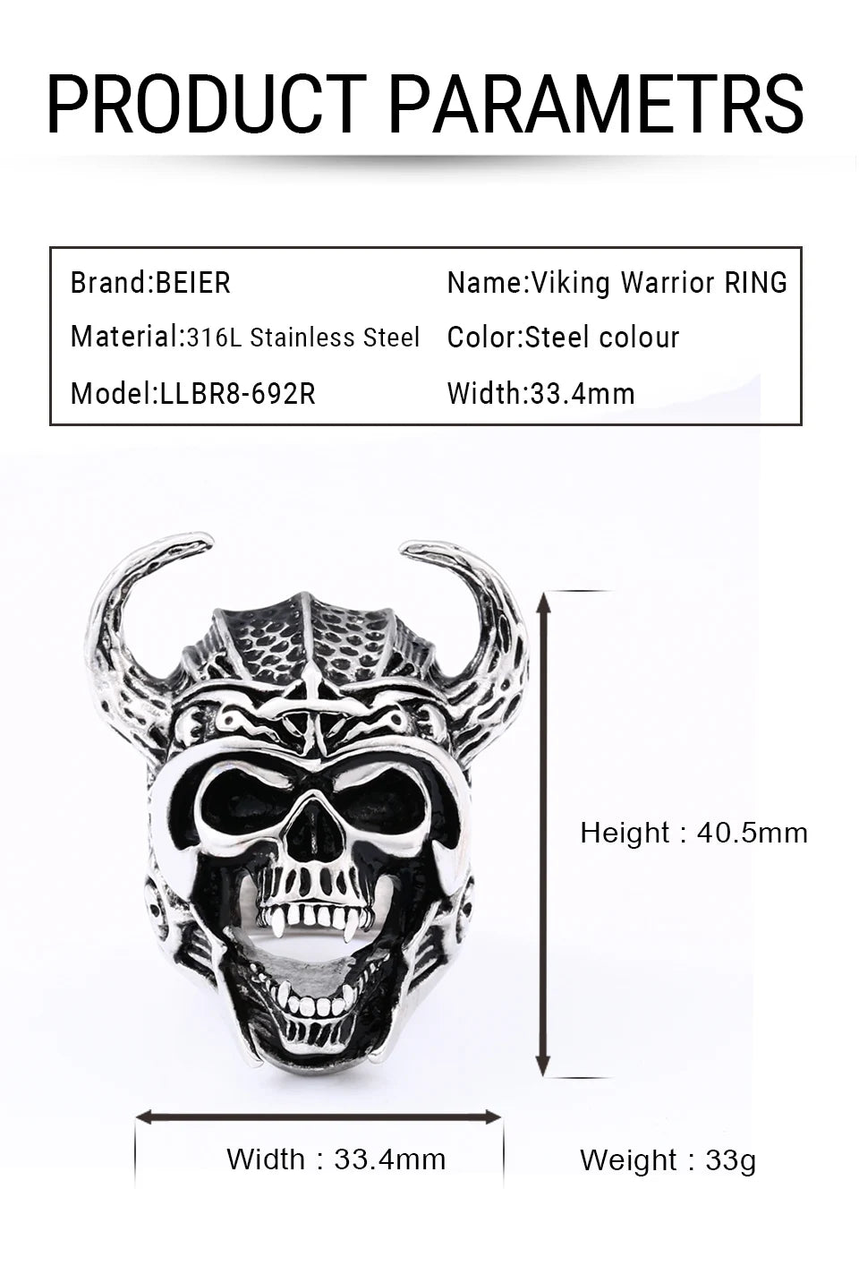 Beier Bague en acier inoxydable 316L pour homme avec tête de mort et croix viking, style punk nordique, cornes, dieu de la guerre, bijoux de haute qualité LLBR8-692R