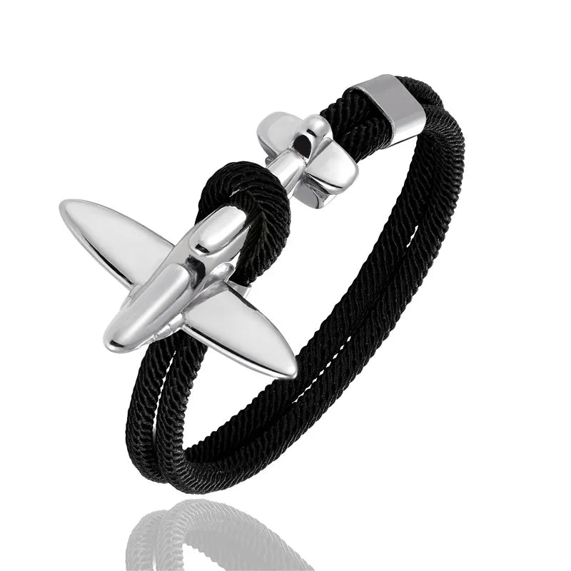 MKENDN Fashion Stainless Steel Airplane Glider Anchor Rope Leather flight Bracelets Men Women aviator Style