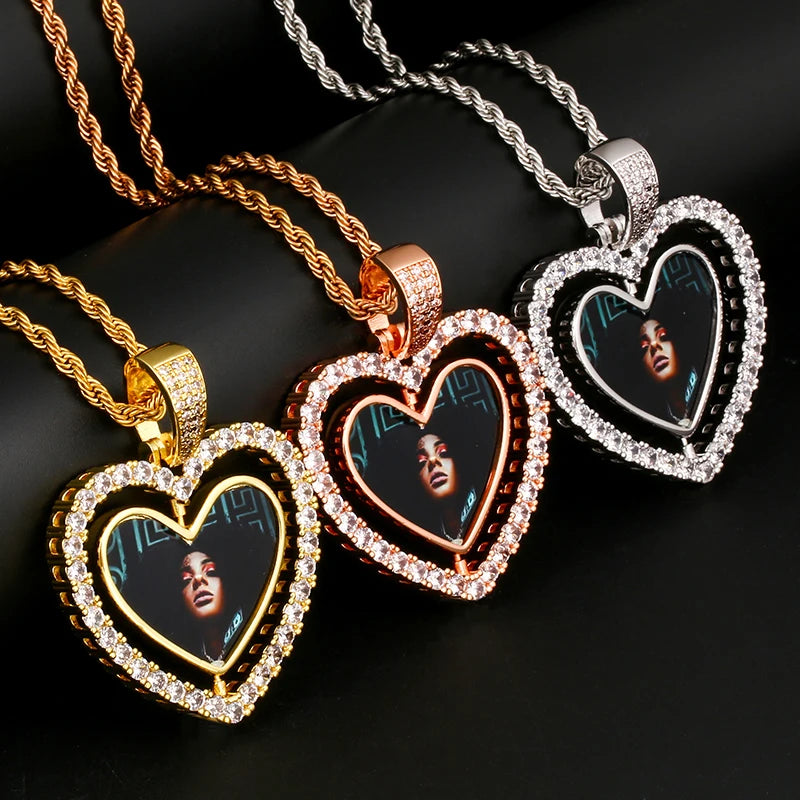 Custom Photo Pendant Necklace Heart Medallions Cubic Zirconia Rotating Double-Sided Custom Photo Gift For Mens Hip Hop Jewelry