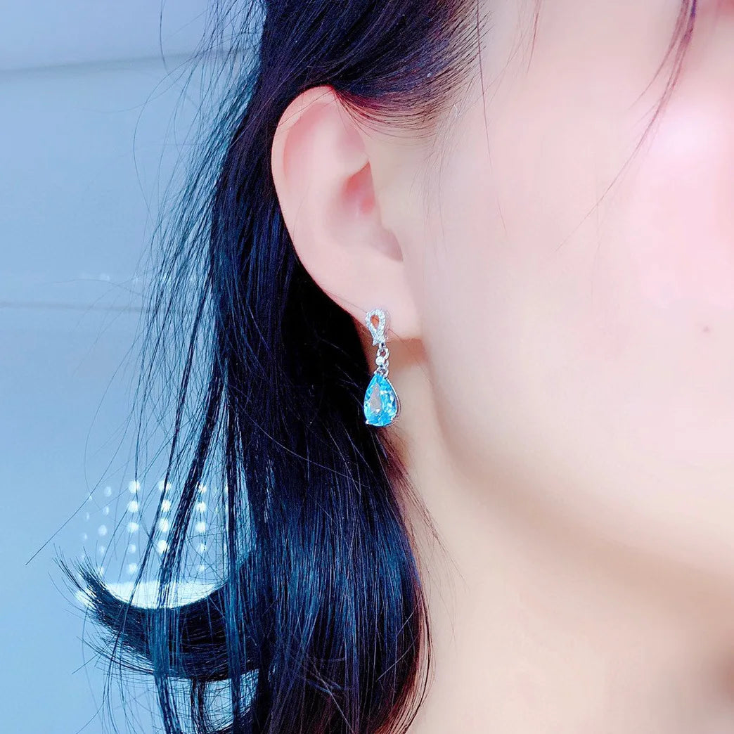 Vintage Bule Topaz Dangle Earrings for Party Romantic Women's Accessories Birthday Gift High Quality S925 Dainty Earring Jewelry