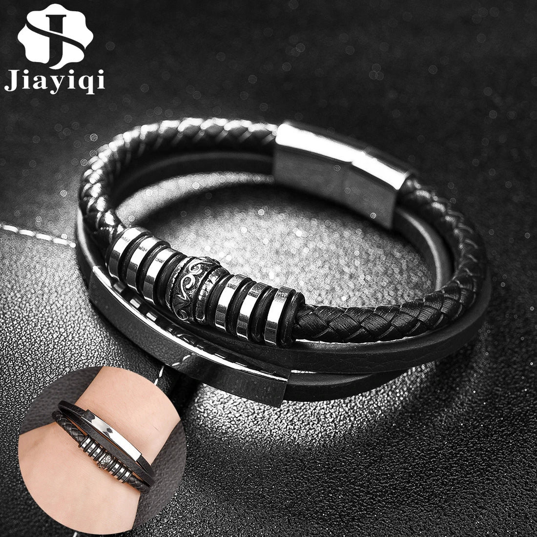 Jiayiqi Men Jewelry Genuine Leather Bracelets Fashion New Stainless Steel Magnetic Clasp Punk Black Brown Rope Brangle for Gifts