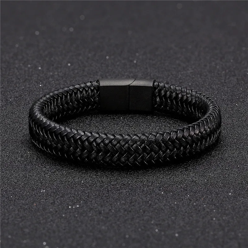 MKENDN Punk Style Leather Bracelet for Men Black Braided Woven Bangle with Magnetic Clasp Stainless Steel Jewelry Gift for Him