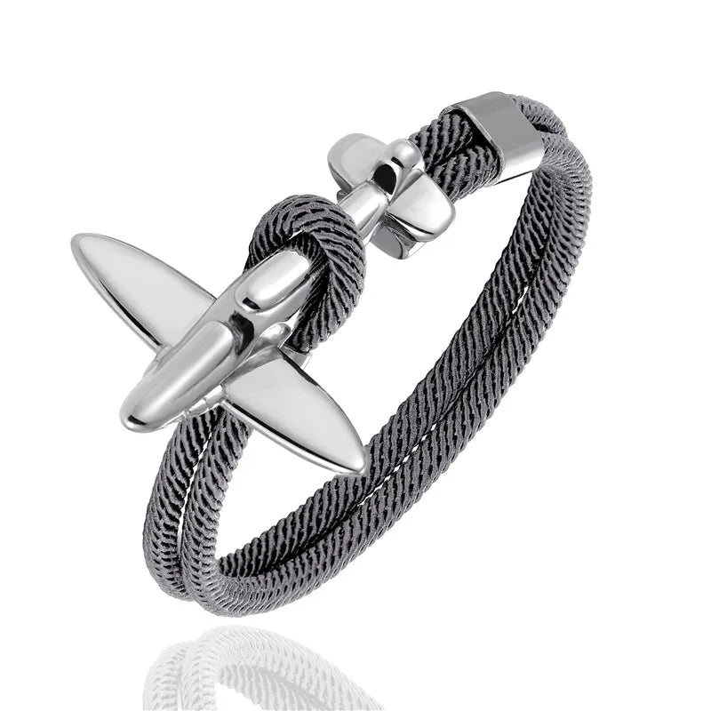 MKENDN Fashion Stainless Steel Airplane Glider Anchor Rope Leather flight Bracelets Men Women aviator Style