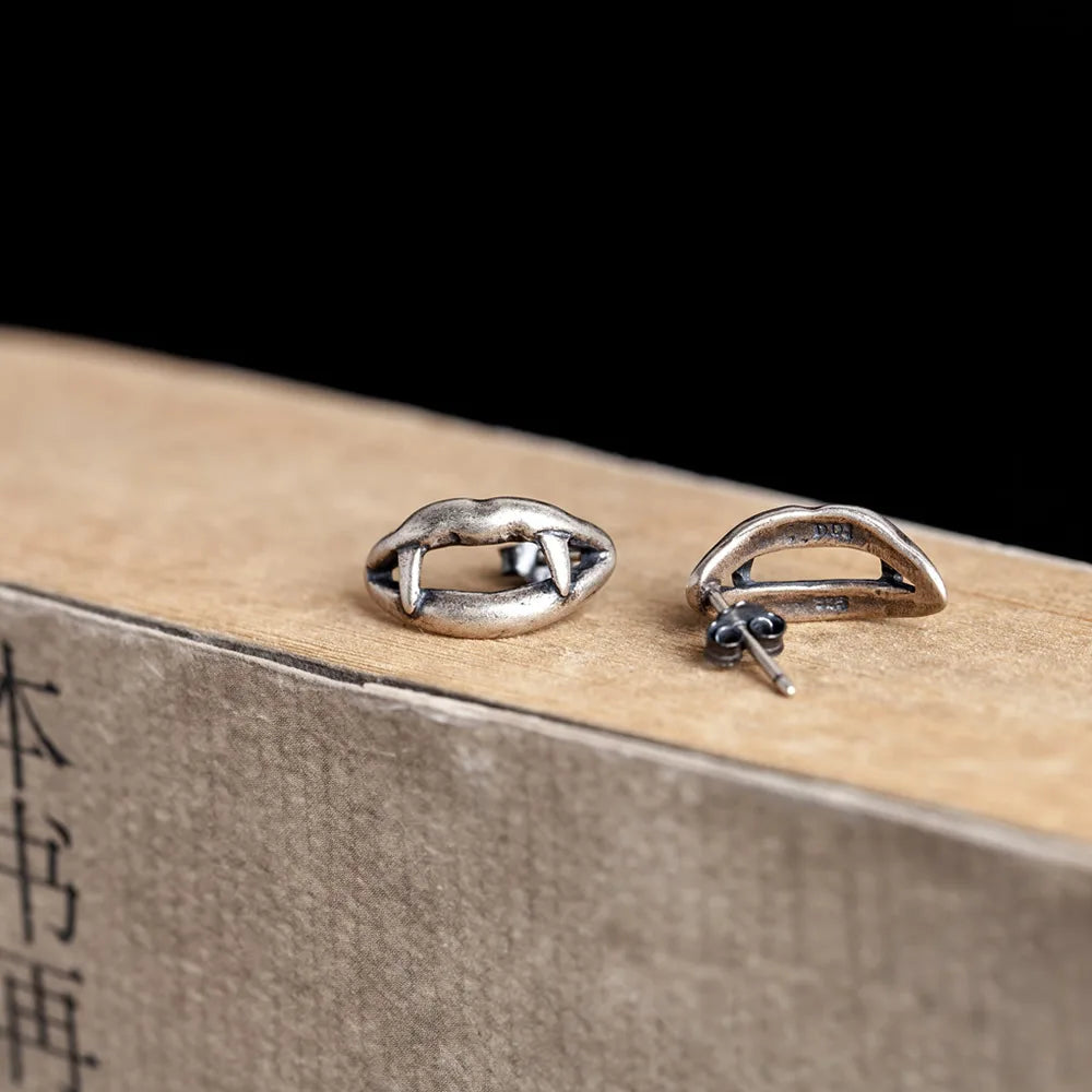 MKENDN Real 925 Sterling Silver Creative Retro Vampire Lips Stud Earrings Trendy Street Punk Style For Men Women Gothic Jewelry