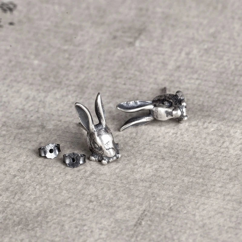 MKENDN Punk Vintage 100% 925 Sterling SIlver Animal Style Rabbit Stud Earring Men Women Gothic Dark Jewelry