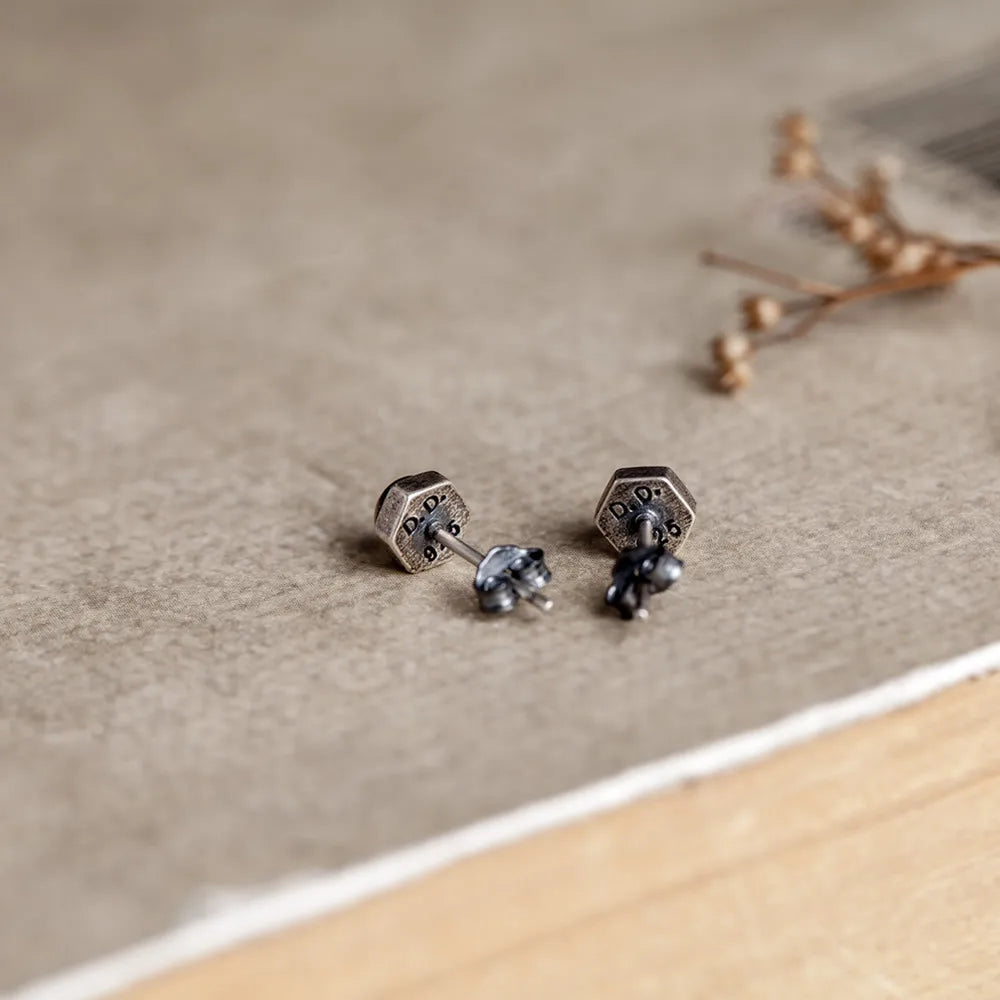 MKENDN 100% 925 Sterling Silver Female Hexagon screw Stud Earrings Hypoallergenic Men Personalized Minimalist Punk Ear Jewelry