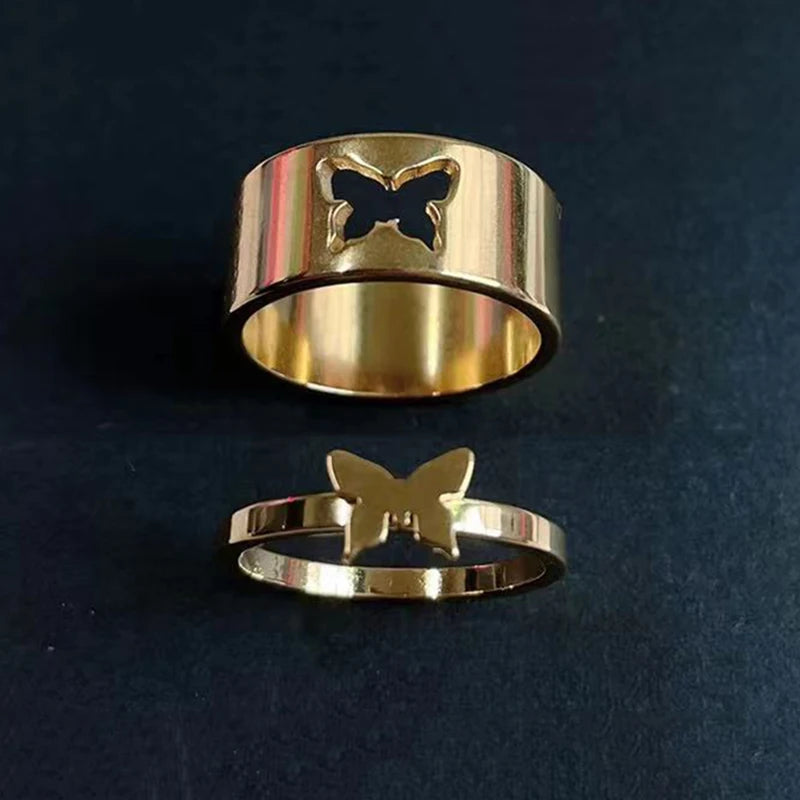 MKENDN Gold Plated Butterfly Couple Ring Women Men Flight Airplane Dinosaur Shark Ring Attendant Wedding Aviation Lover Gift