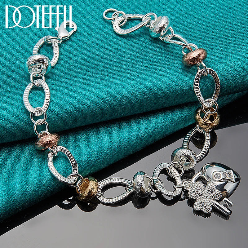 DOTEFFIL 925 Sterling Silver Heart Lock Clover Flower AAA Zircon Bracelet Chain For Women Wedding Engagement Charm Jewelry
