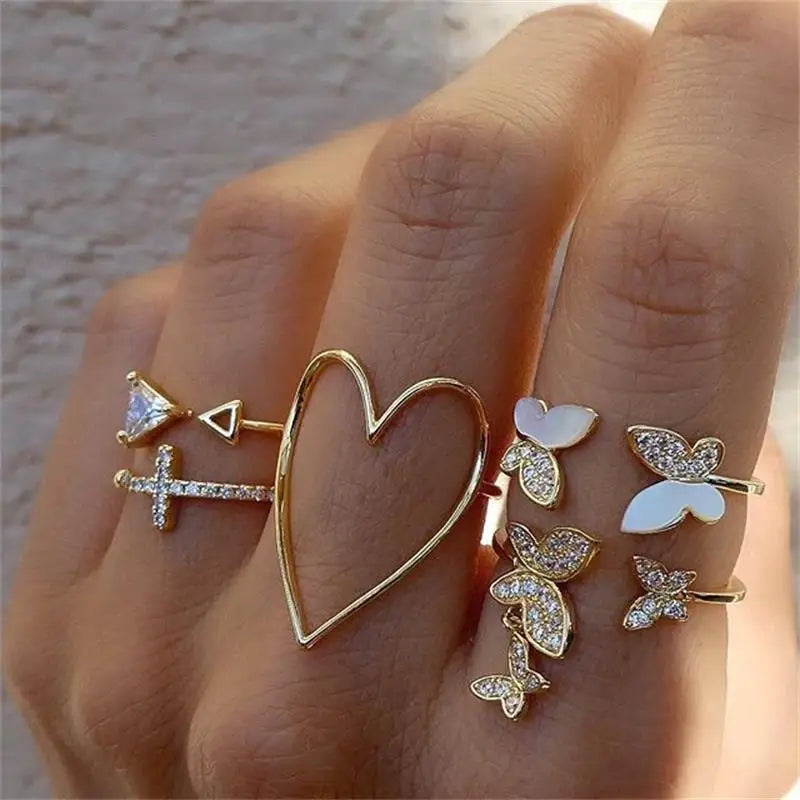 Vintage Boho Crystal Butterfly Rings Set For Women Zircon Leaves Stars Geometric Knuckle Finger Ring Wedding Party Jewelry Gifts
