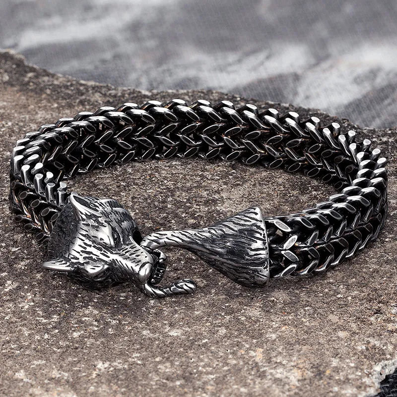 MKENDN Vintage Oxidized Black Punk Rock Viking Wolf Charm Bracelet Men's Stainless Steel Mesh Chain Wolf Bracelets Biker Jewelry
