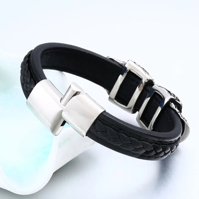 Bracelet en cuir de haute qualité pour homme en acier inoxydable 316L avec double tête de mort punk Beier LLBC-L024L