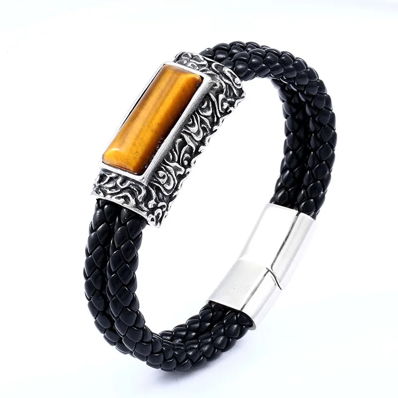 Beier 316L stainless steel Fashion colorful leather embedded stone bracelet men's popular high quality jewelry boy's gift