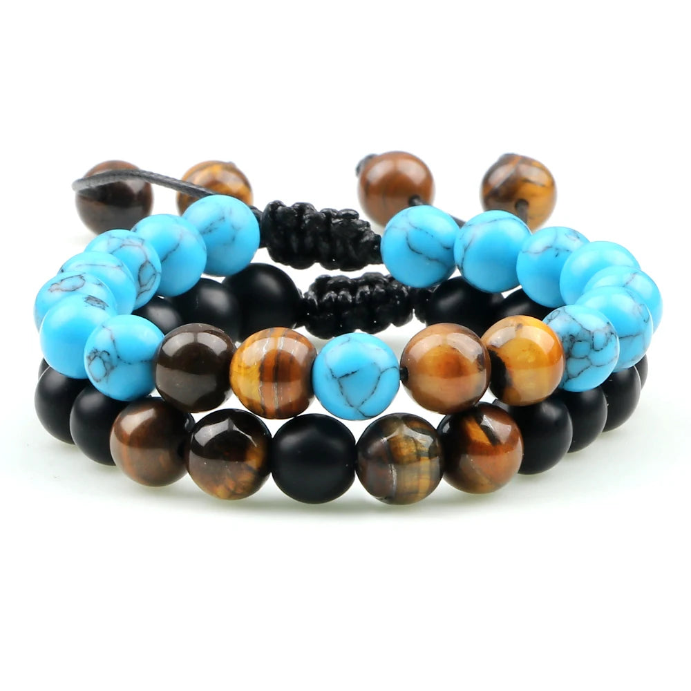 2Pcs Adjustable Braided Natural Stone Beads Bracelets&Bangles For Couples Women Men Tiger Eye Lava Bracelet Yoga Jewelry Pulsera
