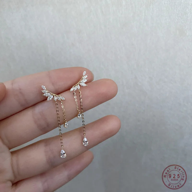 Ohrstecker mit Flügeln aus 925er Sterlingsilber mit Pavé-Kristallen für Frauen, 14 Karat Vergoldung, Kette, Quastenohrringe, französischer Luxusschmuck