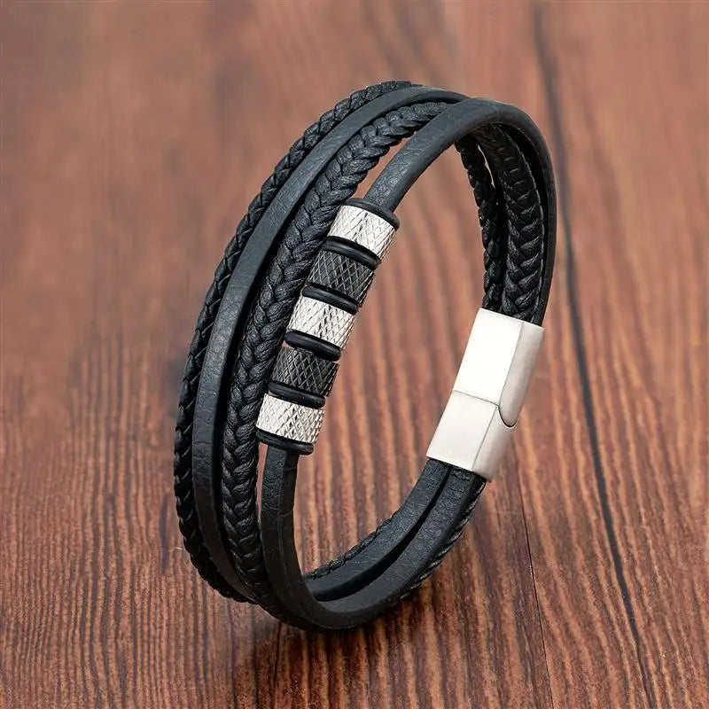 Fashion Volcanic Stone Beaded Mutilayer Leather Bracelet for Men Charm Stainless Steel Magnetic Clasp Wrap Bangle New Year Gift
