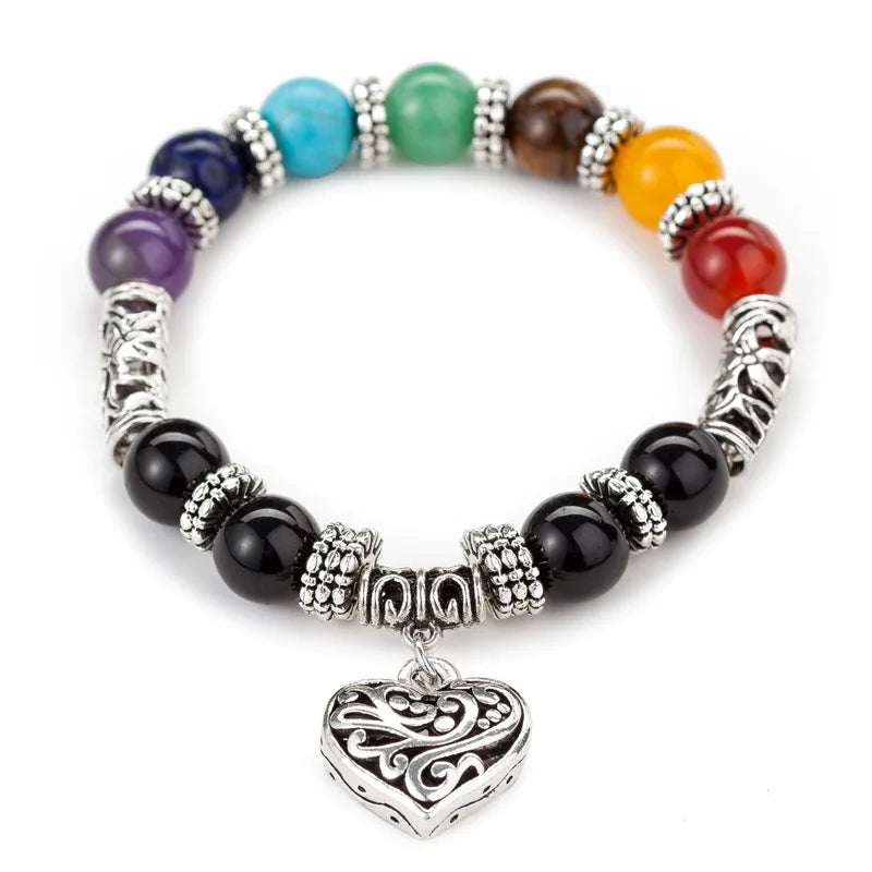 Hot Sale Men Women 10mm Bracelets 7 Chakra Healing Balance Beads Heart Charm Bracelet For Female Reiki Prayer Stones Jewelry