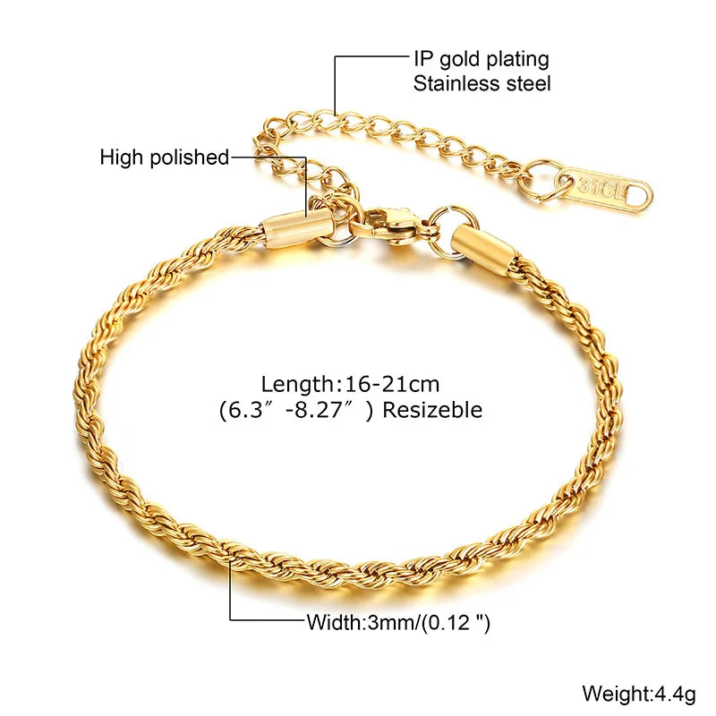 Vnox 2/3/4/5mm Twisted Chain Bracelets for Women Men, Gold Color Stainless Steel Link Chain, Adjustable Minimalist Metal Jewelry - Madeinsea©