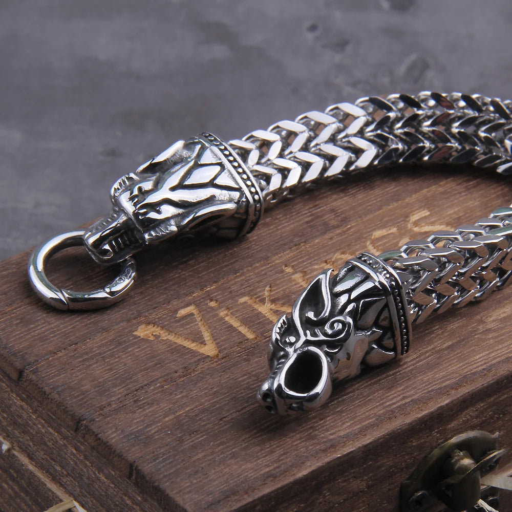 Never Fade Rock Viking Dragon Charm Bracelet Men's Stainless Steel Mesh Chain silver color Wolf Punk Bracelets Biker Jewelry