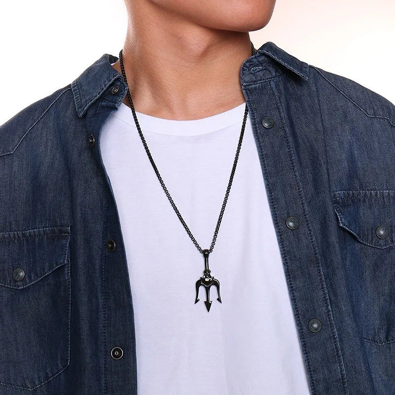 Vnox Mens Punk Trident Necklace Black Gold Color Stainless Steel Statement Pendant Gifts for Him Hip Hop Jewelry - Madeinsea©