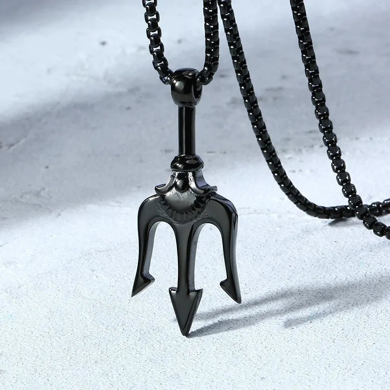 Vnox Mens Punk Trident Necklace Black Gold Color Stainless Steel Statement Pendant Gifts for Him Hip Hop Jewelry - Madeinsea©