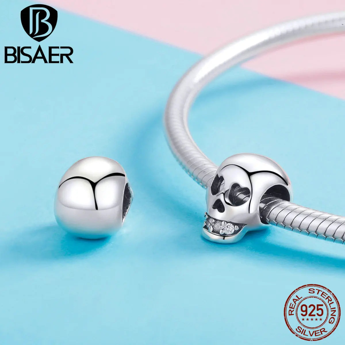 BISAER Pendentif tête de mort en argent sterling 925 avec breloque en forme de fantôme pour bracelets et colliers, fête d'Halloween, bijoux fins à faire soi-même