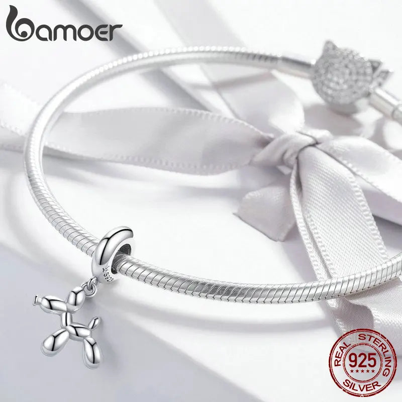 BAMOER Genuine 925 Sterling Silver Balloon Dog Pendant Animal Charms Fit for Charm Bracelets & Necklace Silver Jewelry SCC981