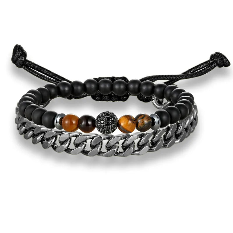 MKENDN 2er-Set Armband aus natürlichem Tigerauge-Stein, Herren und Damen, besetzt mit Zirkonia-Perlen, Edelstahl, kubanische Gliederkette