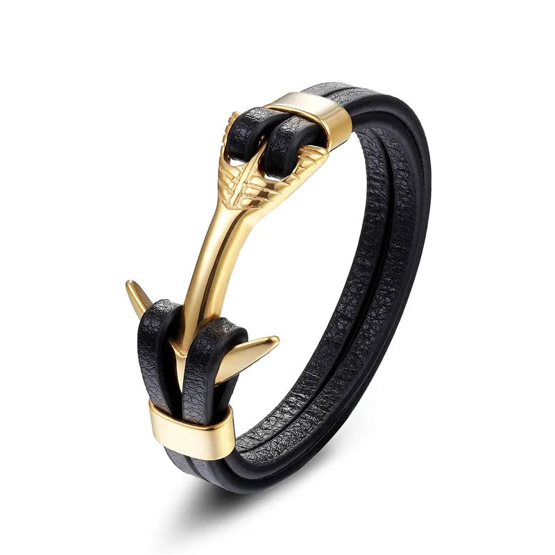 YIZIZAI Genuine Leather Anchor Bracelet Men Lion Double Wolf Shackles Stainless Steel Charm Bracelets Wristband Fashion Jewelry - Madeinsea©