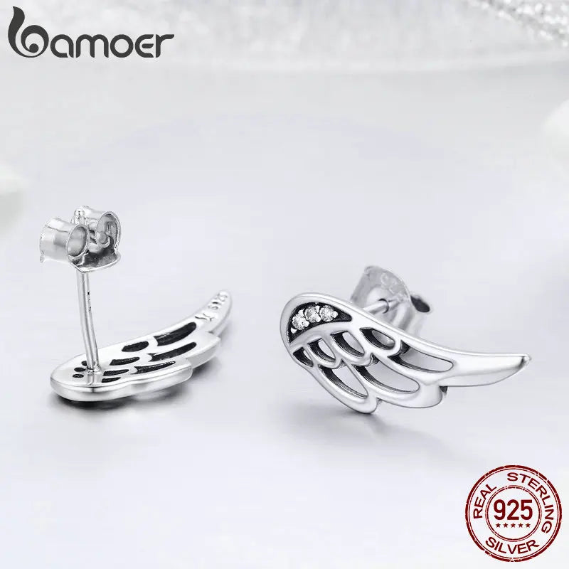 Genuine 925 Sterling Silver Feather Fairy Wings Stud Earrings Silver for Women Fashion Silver Jewelry Christmas SCE343 - Madeinsea©